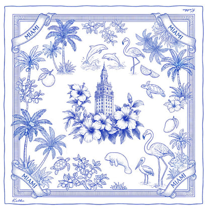 Miami Silk Scarf 92cm - Blue and white toile de Jouy design